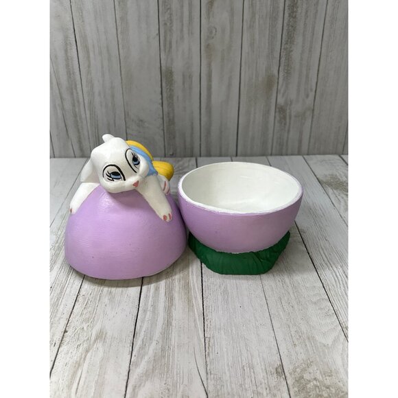 Vintage Ceramic Bunny Easter Rabbit Laying On Purple Egg Trinket Box Big Eye - Picture 5 of 8